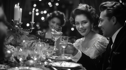 A glamorous vintage-style dinner party scene featuring a smiling woman raising a glass in celebration with elegant decor and soft lighting.