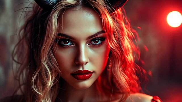 Portrait of a beautiful woman dressed as a sexy devil for halloween wearing red with devil horns 4K Video