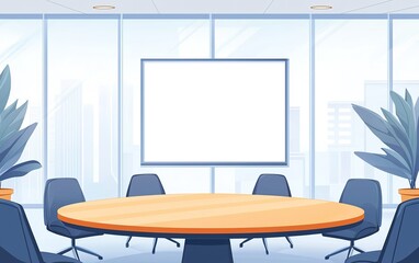 Fototapeta premium Modern conference room with large round table and empty presentation screen in a bright office building during daytime