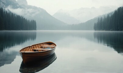 Obraz premium Two boats resting quietly on a serene lake surrounded by mountains at dawn