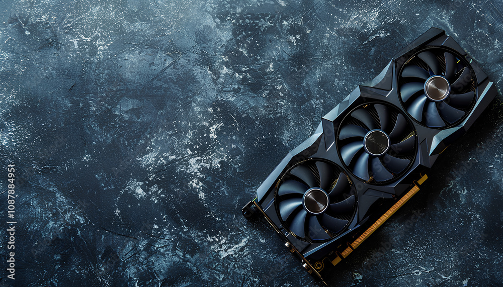 Fototapete computer graphics card on gray textured background, space for text