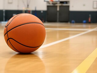 Isolated basketball placed on a gym floor, with blurred gym equipment and court lines in the background