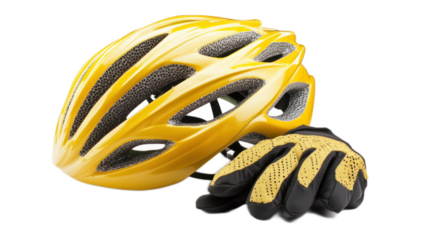 Bright Yellow Bicycle Helmet with Matching Gloves on White Background for Cycling Safety Gear Essentials