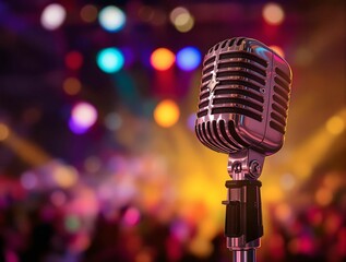 Vintage microphone on a stage with blurred colorful spotlights and an audience in the background