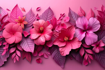 Pink Hibiscus Flowers with Matching Leaves on Gradient Background  
