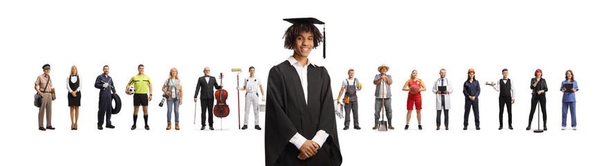 African american male graduate student in a black gown and people with different professions