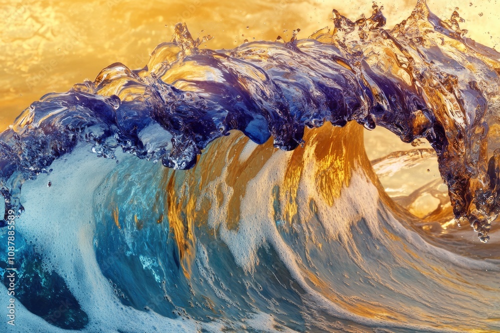 Poster A detailed view of an ocean wave breaking on the surface, suitable for use in environmental or travel-related contexts