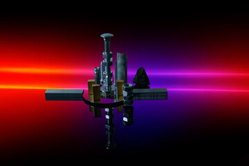 Hardware screws, bolts and nuts forming a modern city on a colorful background