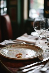 Fototapeta premium A plate with food scraps left over, situated on a rustic wooden table