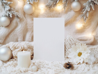 Cozy Holiday Invitation Mockup with Blank Card, White Flowers, and Pinecones – Ideal for Winter Celebrations