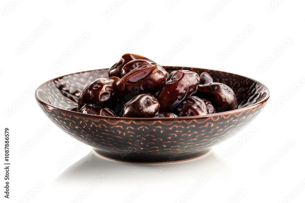 Poster a bowl filled with dates sitting on top of a table