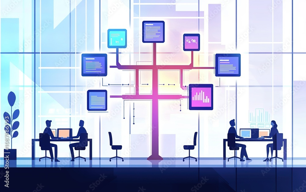 Poster a modern office setting with professionals working on computers surrounded by data visuals in a coll