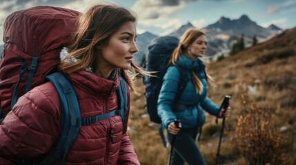 Fototapeta premium Women on a hike with backpacks, enjoying the mountain scenery