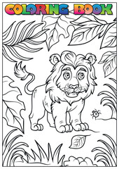 Adorable lion cub standing in a jungle setting, surrounded by leaves and grass, a fun coloring page for children