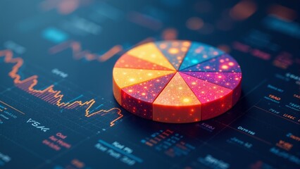 Colorful pie chart on a digital background with data patterns and glowing elements