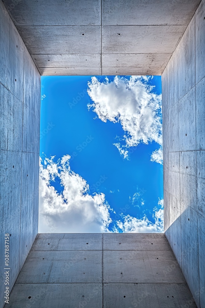 Poster view of the sky from inside a concrete structure, useful for architectural or urban planning project