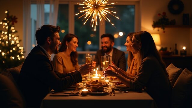 Festive gathering among friends enjoying a toast at a cozy holiday dinner party
