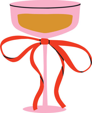 Festive glass of champagne with red bow. Celebrating with fizzy beverage