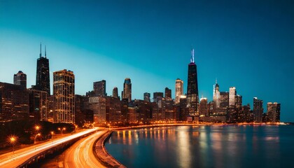 Obraz premium Chicago Skyline with Dark Background and Neon Highlights