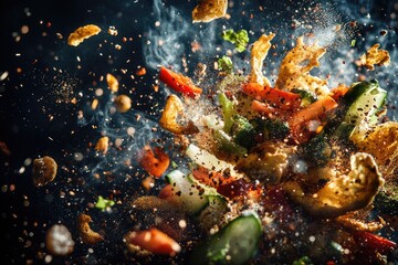 Food items suspended in mid-air, possibly related to culinary events or demonstrations