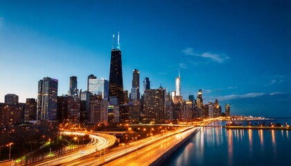 Obraz premium Chicago Skyline with Dark Background and Neon Highlights