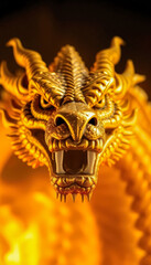 Obraz premium Close-up of a majestic golden dragon statue radiating power and majesty. Close-up of the head of a golden Chinese dragon.