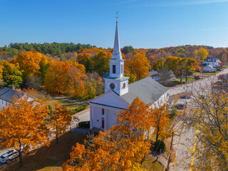Second Congregational Church aerial view in fall with fall foliage at 289 Main Street in East Douglas village, town of Douglas, Massachusetts MA, USA. 
