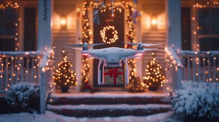 Drone Quadcopter UAV Delivering a Christmas Gift to the Holiday Decorated Front Porch of a House. Generative AI.