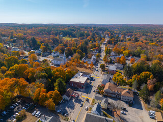 East Douglas historic village center aerial view including Second Congregational Church in fall with fall foliage in town of Douglas, Massachusetts MA, USA. 