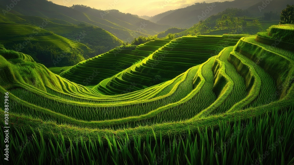 Poster a serene landscape with a green field and a mountain in the background, suitable for use in travel o