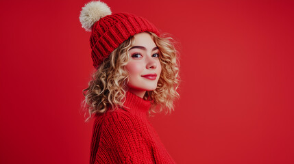 Woman in red knit sweater and pom-pom beanie, winter fashion portrait, holiday season outfit, cozy and warm clothing, cheerful expression, vibrant red background, seasonal apparel, festive vibes