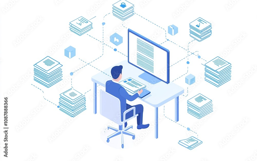 Poster professional working at a desk with digital documents and data visualization in a modern office sett