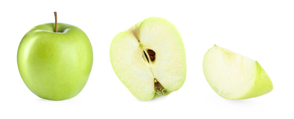 Whole and sliced green apple isolated on white