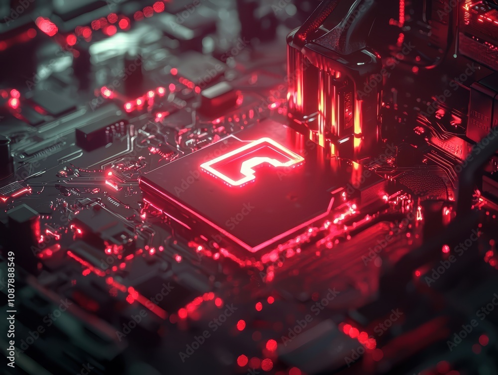 Poster futuristic close-up of a high-tech circuit board with bright red led lights and advanced microchip d