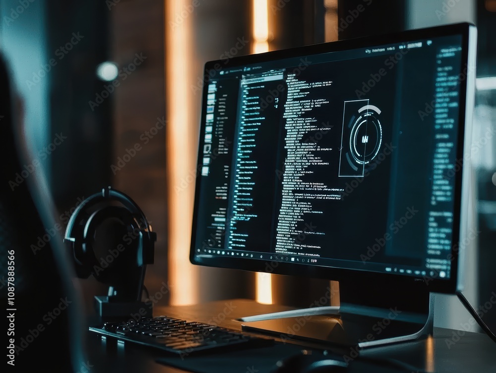 Poster dark office workspace with computer displaying code, headset resting nearby, modern technology and p
