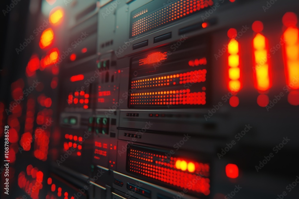 Poster futuristic data center with glowing red led lights and rack servers displaying active network connec