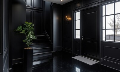 Black entryway with black walls, black flooring, and a sleek black door for a bold first impression