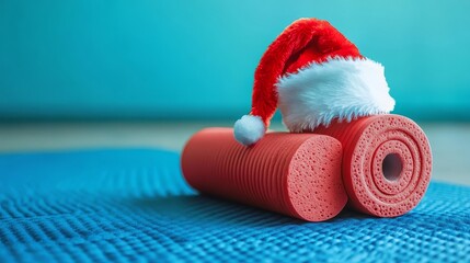 Foam roller and exercise mat with Santa hat capturing the festive spirit in physical therapy