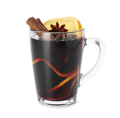 Tasty mulled wine with spices and orange slices in cup isolated on white. Christmas drink