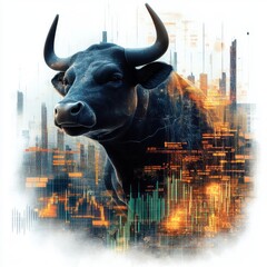 A powerful black bull merging with a digital landscape, symbolizing strength in finance and innovation.