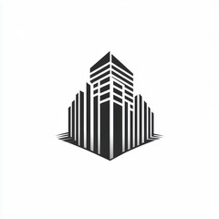 A striking abstract logo of a building in black and white, featuring sharp lines and geometric shapes.