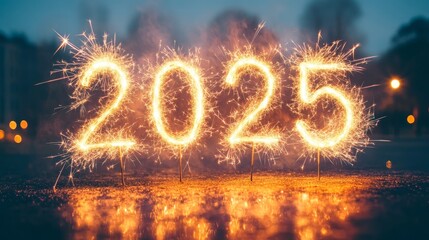 Glowing "2025" in sparklers festive and bright New Year celebration