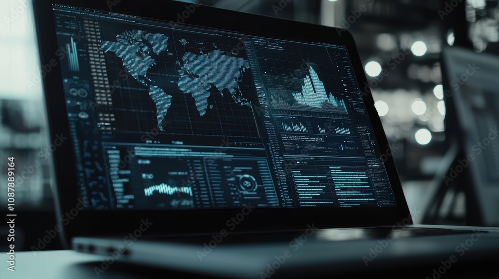 Poster dark themed laptop displaying digital data visualization with graphs and world map on screen in a te