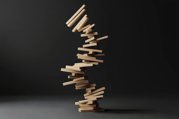 Wooden blocks stacked in precarious tower on dark background