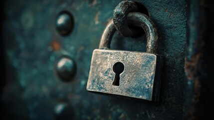 Vintage Padlock on Weathered Metal Door with Keyhole, Symbolizing Security, Privacy, and Protection in a Rustic Setting