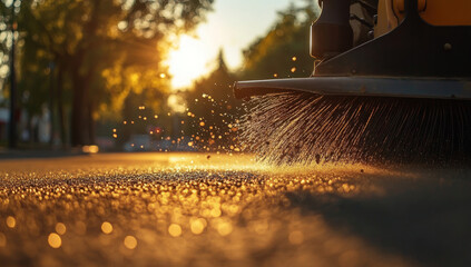 Fototapeta premium Street sweeper cleaning road at sunset, dust and debris flying 