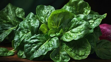 Close-up of fresh, green spinach leaves with water droplets on a wooden surface.