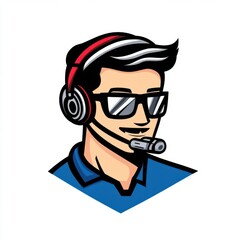 Fototapeta premium A young man with dark hair and sunglasses, wearing a headset, representing a tech-savvy professional.
