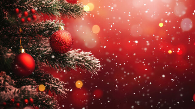 New Year banner with Christmas decoration with tree branches and red balls on bokeh lights background with space for text