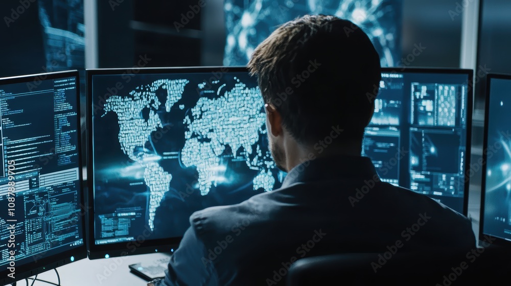 Poster man analyzing global data insights on multiple computer screens in a high-tech control room with map